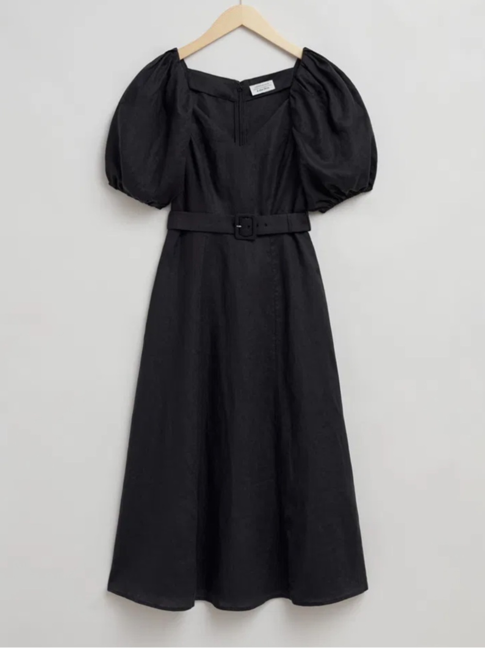 & Other Stories Women's 8 Midi Dress Black 100% Linen Puff Sleeve Belted NWT